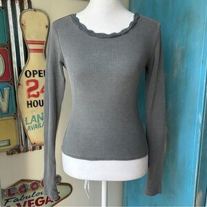 Ivy + Main Gray Lace Trim Waffle Knit Long Sleeve Top